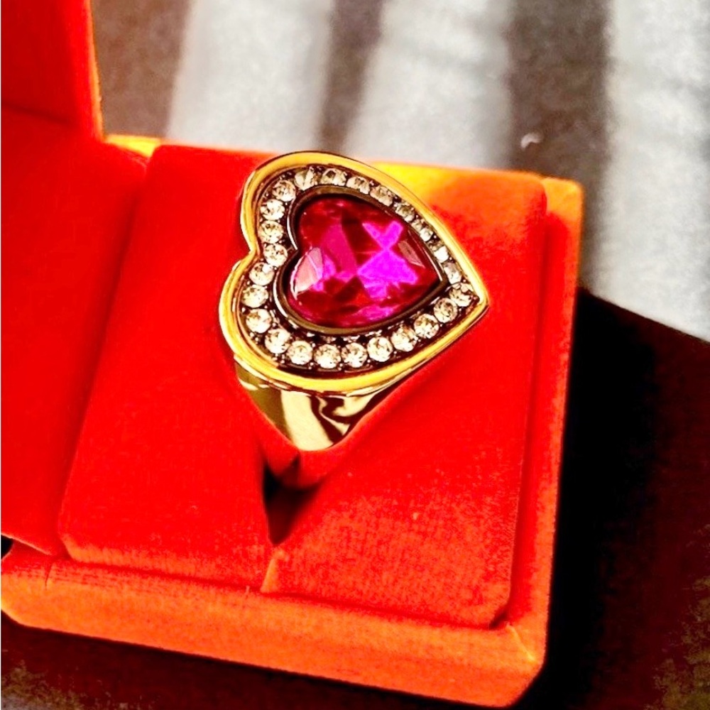 Kurt Geiger Gold Heart Ring with Pink Gemstone